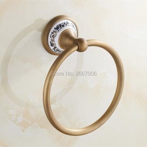 Free Shipping Euro Style Round shape Towel ring with ceramic holder Antique Brass High Quality Bathroom accessories Hotel ZR2202