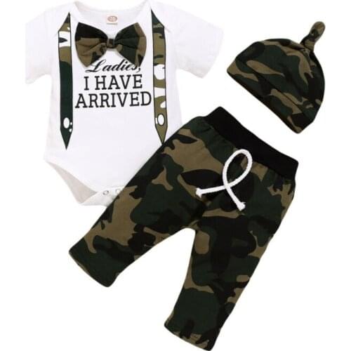 Newborn Baby Boy Clothes 0-18M Letters Camouflage Bodysuit New Jumpsuit Tops Pants Hat 3Pcs Outfits Clothes Sets детская одежда