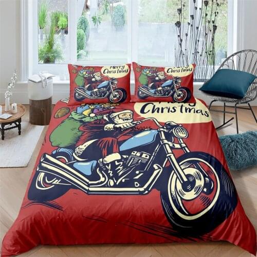 Home Textile 2/3pcs Bedding Set Christmas Duvet Cover with Pillowcase Bed Quilt Covers Santa Claus Rides A Motorcycle Pattern