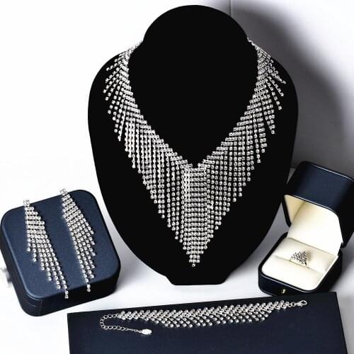 Dubai Jewelry Set Ladies Luxury Wedding Prom Accessories Rhinestone Necklace/Earrings/Rings/Bracelets Gold and Silver Gifts