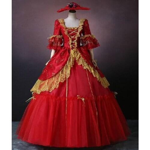Red floral beading embroidery golden lace Medieval dress Renaissance Gown princess Victoria/Marie Antoinette/ /Belle ball gown