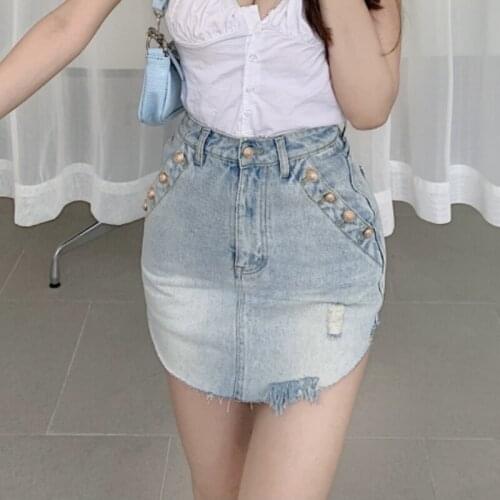 JMPRS Fashion Button Women Denim Skirt High Waist Ripped Summer A Line Jeans Mini Skirt Lined Casual Blue Ladies Skirts 2021