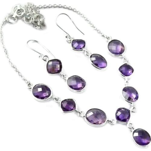 Genunie Amethyst Necklace + Earrings set 925 Sterling Silver, 46 cm, MHBNE0146