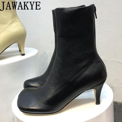 Winter Sexy Fashion Week Ankle Boots Woman Square toe Mid-heel Genuine Leather Slim Short Boots Chelsea boots female women shoes