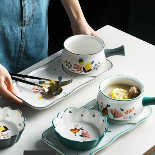 Hand-Painted Ceramic Set Simple Creative Lace Bowl Fruit Rice Household Breakfast Plate Handle Combination
