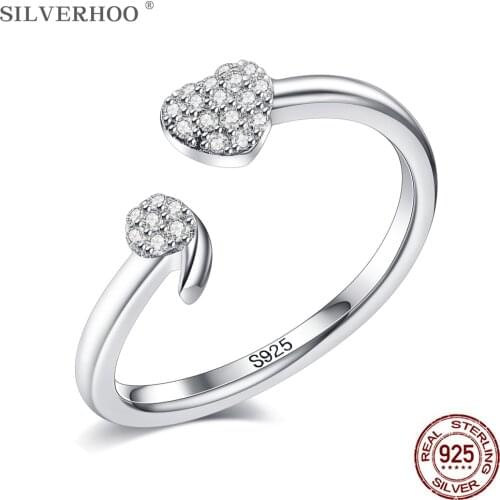 SILVERHOO S925 Sterling Silver Women Rings Sparking Zircon Fine Jewelry Fully Heart Adjustable Ring Wholesale Festival Present