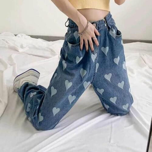 Blue Harajuku Printed WomenS Jeans High Waist Straight Loose Jeans Fashion Streetwear Chic Ladies Straight Pants 2021 Women