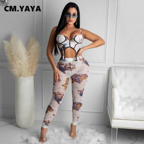 CM.YAYA Print Sleeveless Zipper Crop Top Ankle-length Pant 2 Piece Set Women Sheath Elastic Spaghetti Strap Two Piece Outfit