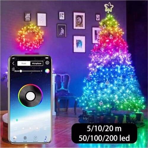 Christmas Tree LED String Light USB Smart Bluetooth APP RGB Waterproof Copper Wire Fairy Lamp Lighting For Bedroom Weeding Party