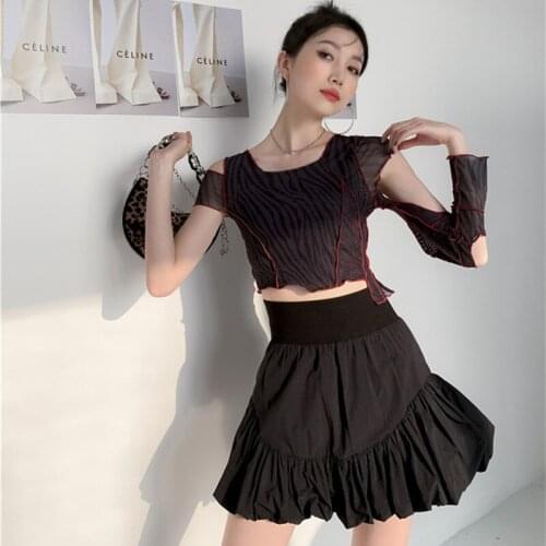 Spring And Summer Irregular Stitching Openwork Printed Mesh blouse Sexy Fashion Casual Top
