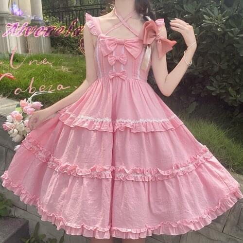 Japanese Soft Girls Lolita Ruffle JSK Sling Dress Women Sweet Bow Party Sling Vintage Loli Dresses Female Vestidos AFC1066