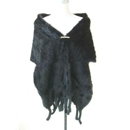 Womens Winter Real Knitted Mink Fur Cape / Poncho /Scarf/ Shawl Elegant Black 180*30 CM