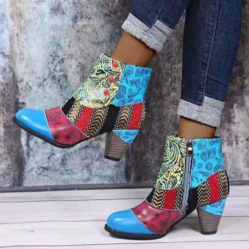 2021 New Women Ethnic Style Short Boots Ladies Slip On Side Zipper Color Splicing Classic Shoes Pointed Toe Footwear Size 35-43