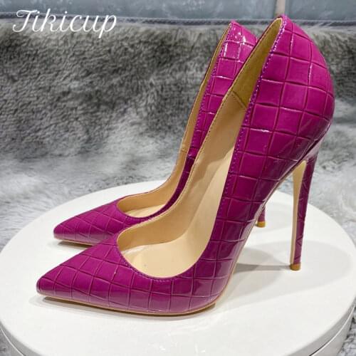 Tikicup Purple Croc-Effect Women Sexy Pattern Extremely High Heels Slip On Pointed Toe Stiletto Pumps Ladies Chic Party Shoes