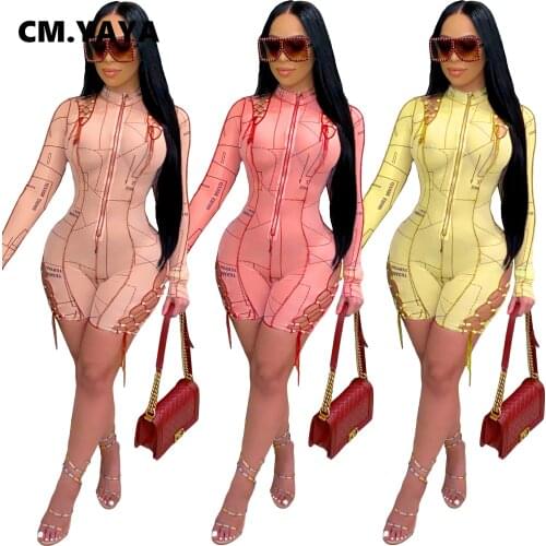 CM.YAYA Women Playsuit Print Full Sleeve Zip Sheath Elastic Bandage Playsuits Female Casual High Street Outfit Summer 2021