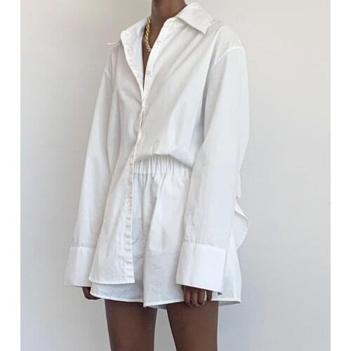 2pcs Casual Wild Summer Outfits Solid Color Long Sleeve Lapel Single-Breasted Shirt Elastic High Waist Straight Shorts Suit