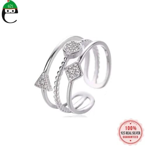 ElfoPlataSi 925 Sterling Silver Fashion 3 Layer Square Round Triangle CZ Adjustable Ring For Women S925 Ring Jewelry DD1040