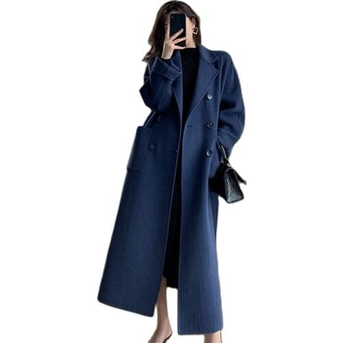 Fall/Winter 2021Navy Black Woolen Coat Womens Fashion Coat Loose Belt Temperament Casual Wool Coat Trench Plus Size B