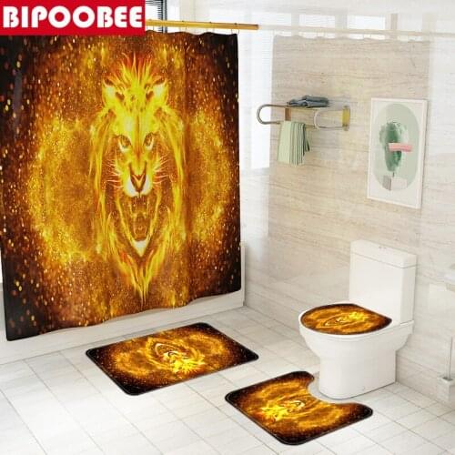 Golden Lion Printed Shower Curtain Bathroom Curtains Set Bath Mats Rugs Pedestal Rug Toilet Lid Cover Carpet Home Decoration