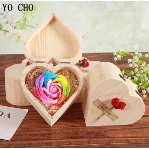 YO CHO 1Pc Eternal Soap Rose in Heart Box Soap Rose Flower Head in Wood Box Wedding Souvenir Party Soapy Favor Gift Rose Flowers