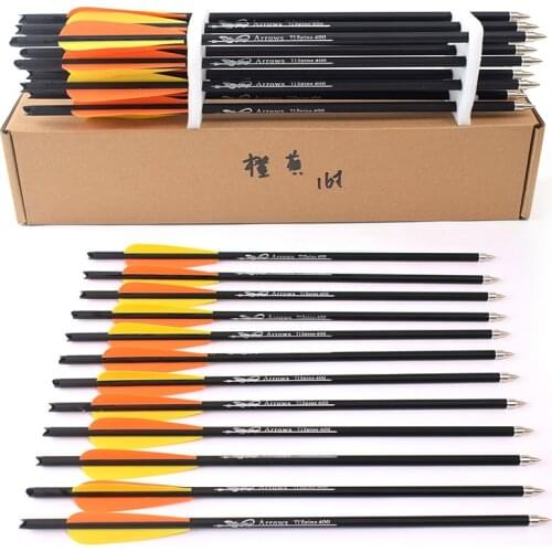 12Pcs Crossbow Carbon Arrow 16/20 Inches Spine 400 with Orange yellow feather for Crossbow Archery Hunting Shooting