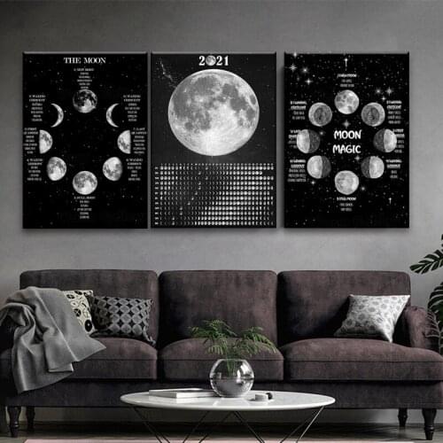 2021Moon Phase Calendar Poster Night Sky Print Witch Art Decor Frame Living Room Decor Black and White Picture