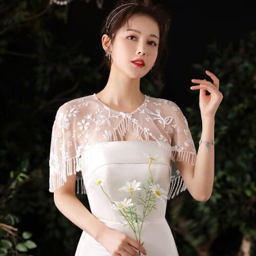 2021 Wedding Shawl Handmade Crystal Veils Lace Mesh Wedding Bridal Coat Party Dress Shawl Women Shurg