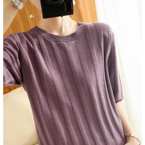 21 100% cotton sweater women casual loose solid color O-neck short-sleeved top T-shirt hot sale pullover ATTYYWS Brand Authentic