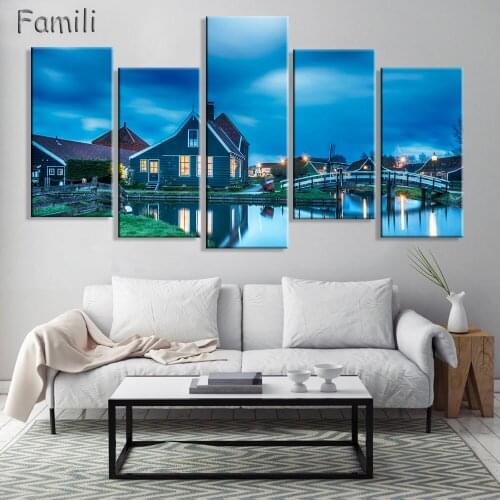 5pcs Nordic Vintage Windmill in Netherlands Romantic Brightly Color Wall Paintings Minimalist Art Canvas Posters for Home Decora