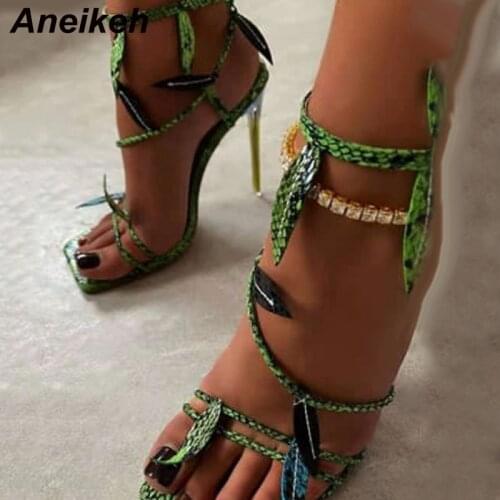 Aneikeh 2021 New Thin Heels Open Party TOTEM Fashion PU Gladiator Buckle Strap Novelty Solid Head Peep Toe Classics Mixed Colors