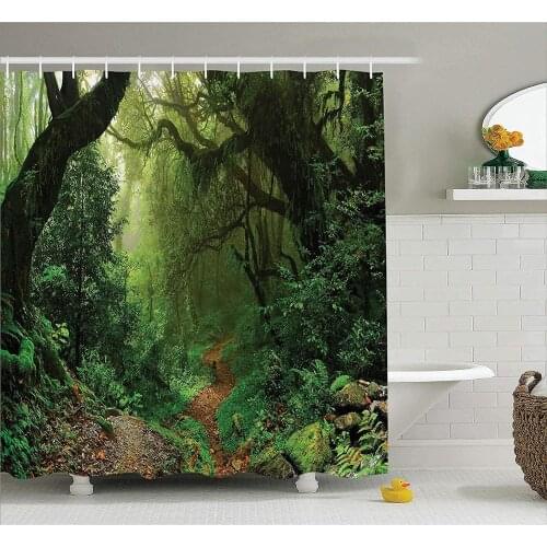 Rainforest Decorations Shower Curtain Set Forest in Nepal Touristic Trekking Branches Mist Road Fresh Air Outdoors Bathroom Acc