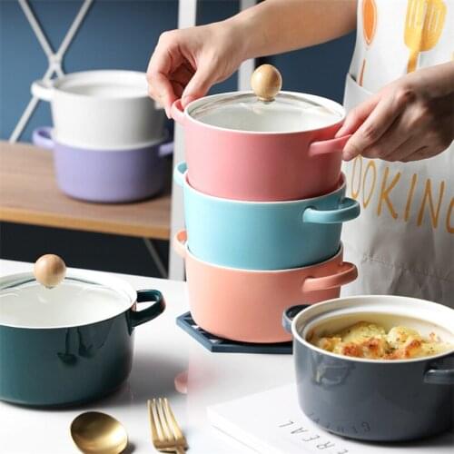 Nordic Ceramic Instant Noodle Bowl with Glass Lid Household Creative Soup Salad Bowl Simple Oven Baking Dessert Bowl Tableware