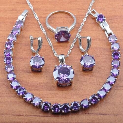 Silver Plated Jewelry Sets Natural Round Purple Crystal For Women Wedding Jewellry Earrings Necklace Ring Bracelet Set JS0223