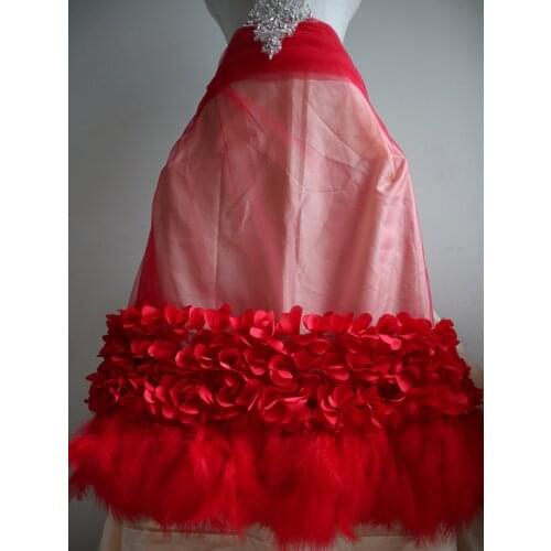 Red beautiful 3D chiffon fabric with 3D flowers and feathers,red 3D floral fabric for costumes accessories