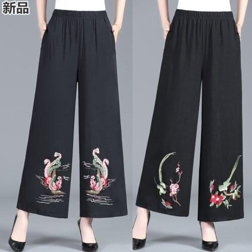 Summer Ethnic Style Long Pants Middle-aged Women Embroidery Elastic Waist Wide-leg Pants Mother Wear Cotton Linen Skirt Pants