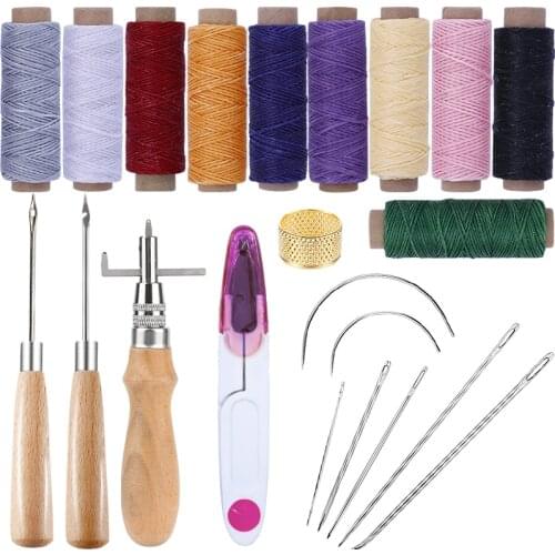 LMDZ Leather Sewing Tools Edge Groover Sewing Waxed Flat Thread Wooden Handle Hollow Speedy Stitcher Awl for Hand Craft Works
