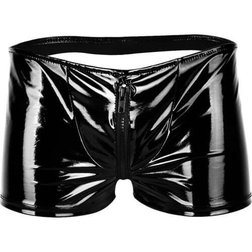 Mens Lingerie Underwear Shiny Metallic Patent Leather Underpants Zipper Bulge Pouch Open Butt Boxer Briefs Male Sexy Clubwear
