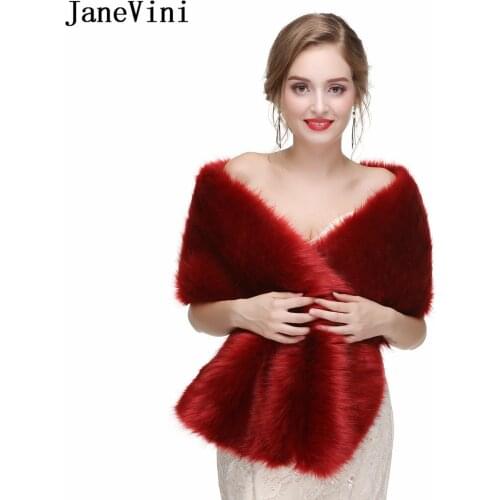 JaneVini Burgundy Bridal Wraps Fourrure Mariage Fur Shawl Cape Femme Faux Fox Fur Women Wedding Boleros Winter Warm Stoles Scarf