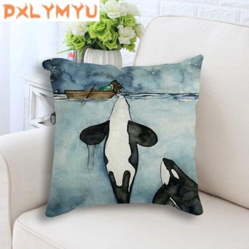 Watercolor Whale shark Hand Drawn Landscape Pattern Cushion Cover Linen Cotton Cushion Sofa Decoration Home Throw Pillow Cover
