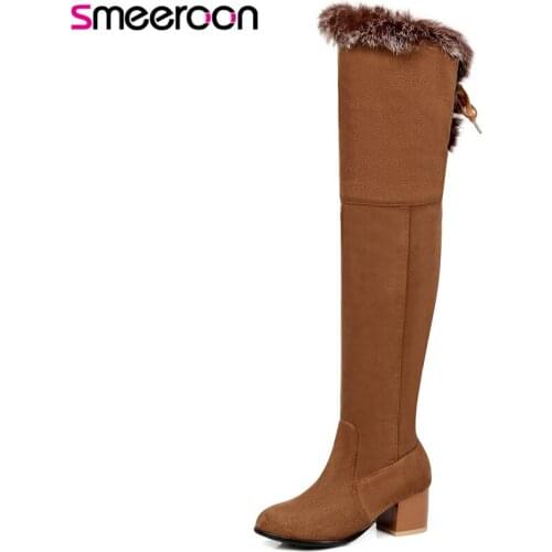 Smeeroon 2020 new fashion autumn winter boots for women over the knee boots round toe flock high heels ladies shoes