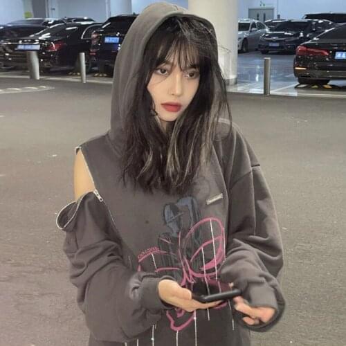 Harajuku Loose Oversize Gothic Punk Streetwear Hooded Pullover Casual Hip-Hop Zip Off Shoulder Sweatshirt Butterfly Graphic Tops