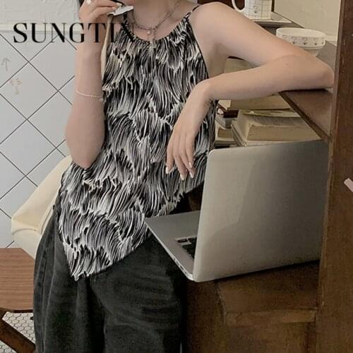 Sungtin Summer Sexy Design Print Halter Tank Tops for Women Korean Fashion Sleeveless Camis Thin Club Party Tops 2021 Streetwear