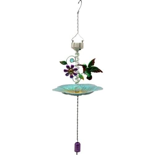 Outdoor Solar Hanging Bird Feeder With LED Lamp Lantern Durable Garden Metal Art Wind Chimes Feeding Tray For Wild Bird