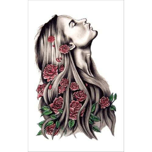 Beautiful Girl and Rose Flowers Temporary Tattoos Middle Size Fake Tatto Stickers for Men Women Arm Body Waterproof Decals Tatoo