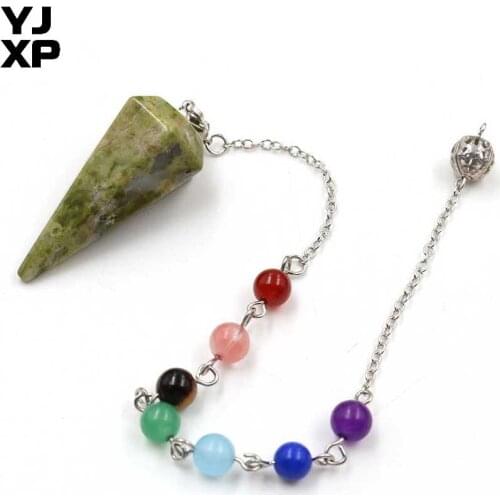YJXP Silver Plated Link Chain 7 Beads Chakra Reiki Stone Pendulum Unakite Hexagon Pyramid Pendant Jewelry for Women Gift