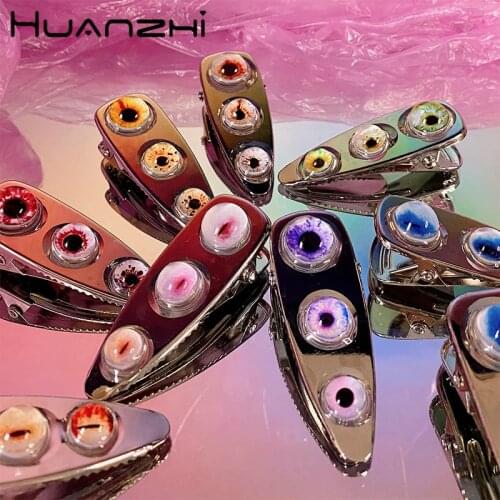 HUANZHI 2021 New Design Individuality Transparent Glass Eyes Metal Hair Clip Coat Accessories for Women Party Jewellery