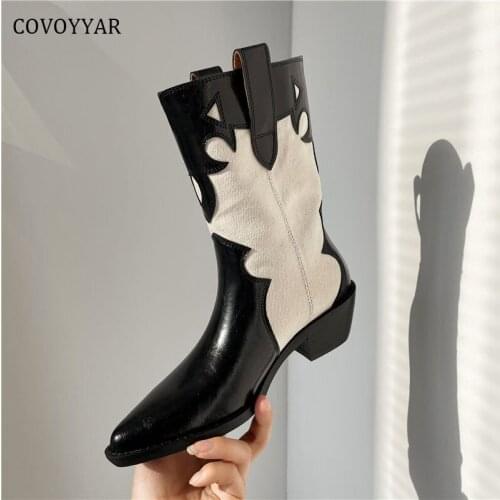 COVOYYAR New Autumn Winter Boots Stitching Thick-heeled Pointed Toe Shoes Women Western Cowboy Short Ankle Boots WBS4127