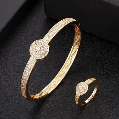 Zlxgirl jewelry Brand full mirco paved Zirconia Bangle with ring 2pcs jewelry sets high womens Gold copper bracelet ring aneis