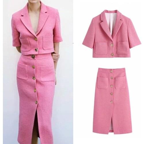 Women 2 Piece Set Suit Blazer Vintage Texture Short Sleeve Coat Office Blazer And Elegant High-Waisted Skirt Female