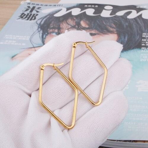 Gold Color Long Hoop Earring for Women Square Ear Accessories Rhombic Party Stainless Steel Fashion Jewelry New E0168